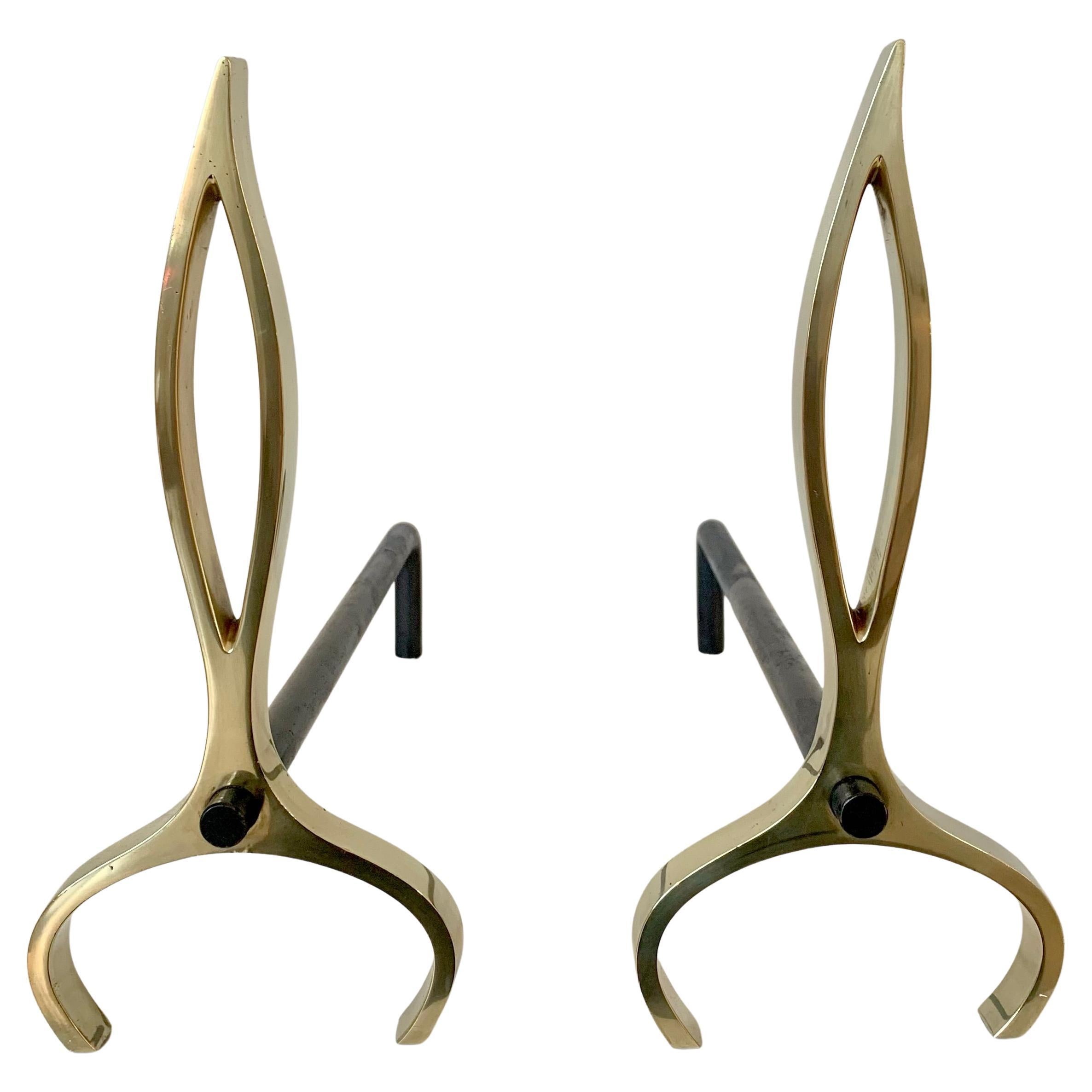 Pair of Brass Flame Andirons, circa 1960, Italy.