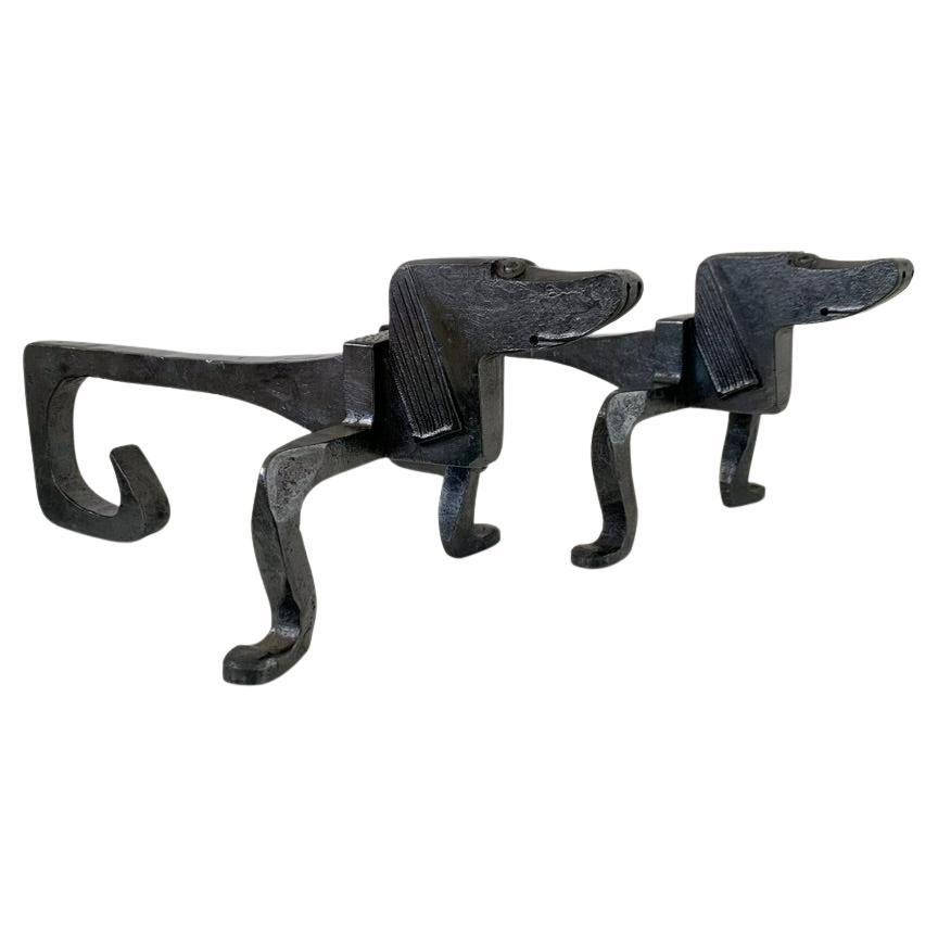 Gaston Le Bourgeois Attributed Pair of Dogs Wrought Iron Andirons, 1930, France. For Sale