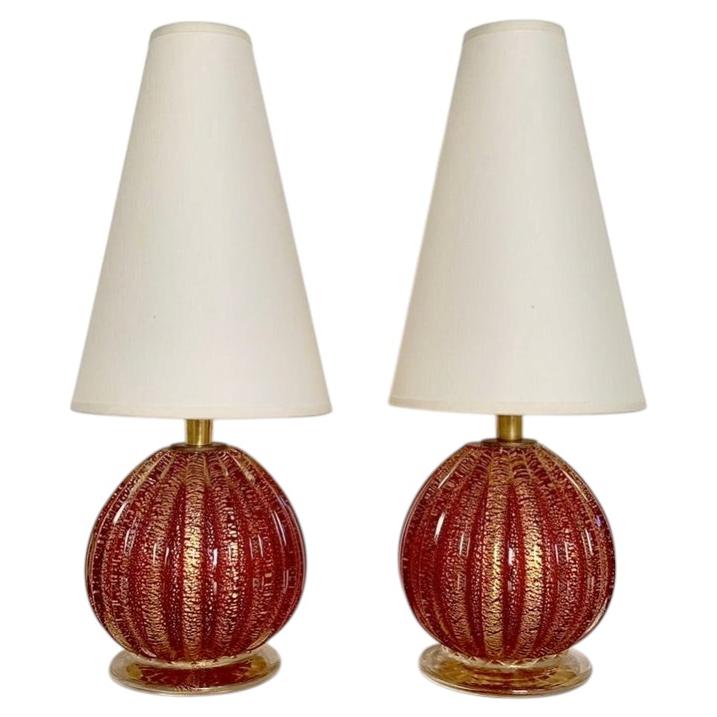 Pair of Red And Gold Murano Glass Table Lamps, circa 1940, Italy.