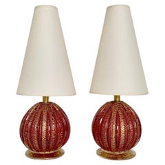 Pair of Red And Gold Murano Glass Table Lamps, circa 1940, Italy.