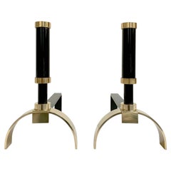 Pair of Brass and Black Metal Andirons By Giovanni Banci, circa 1970, Italy.