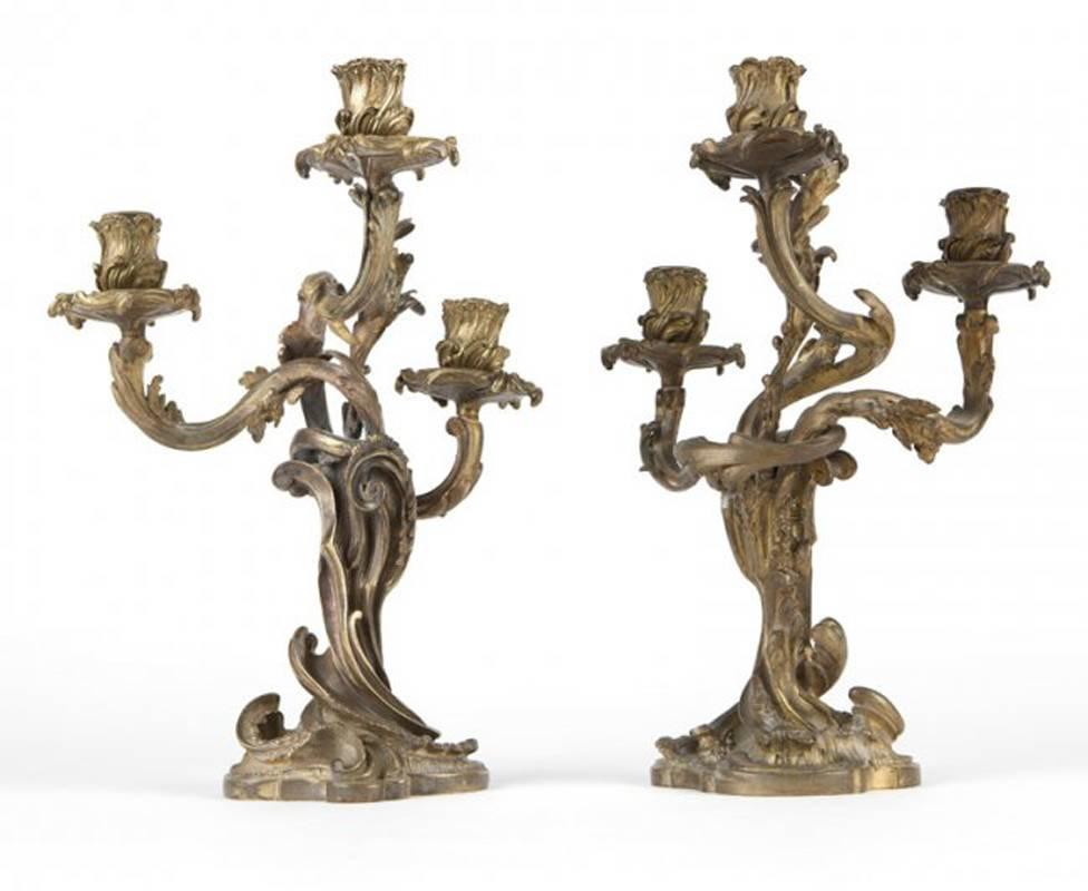 Unusual pair of late 19th century French Louis XV style gilt bronze tree-form three-light candelabra.
The base measurement is 5 inches.