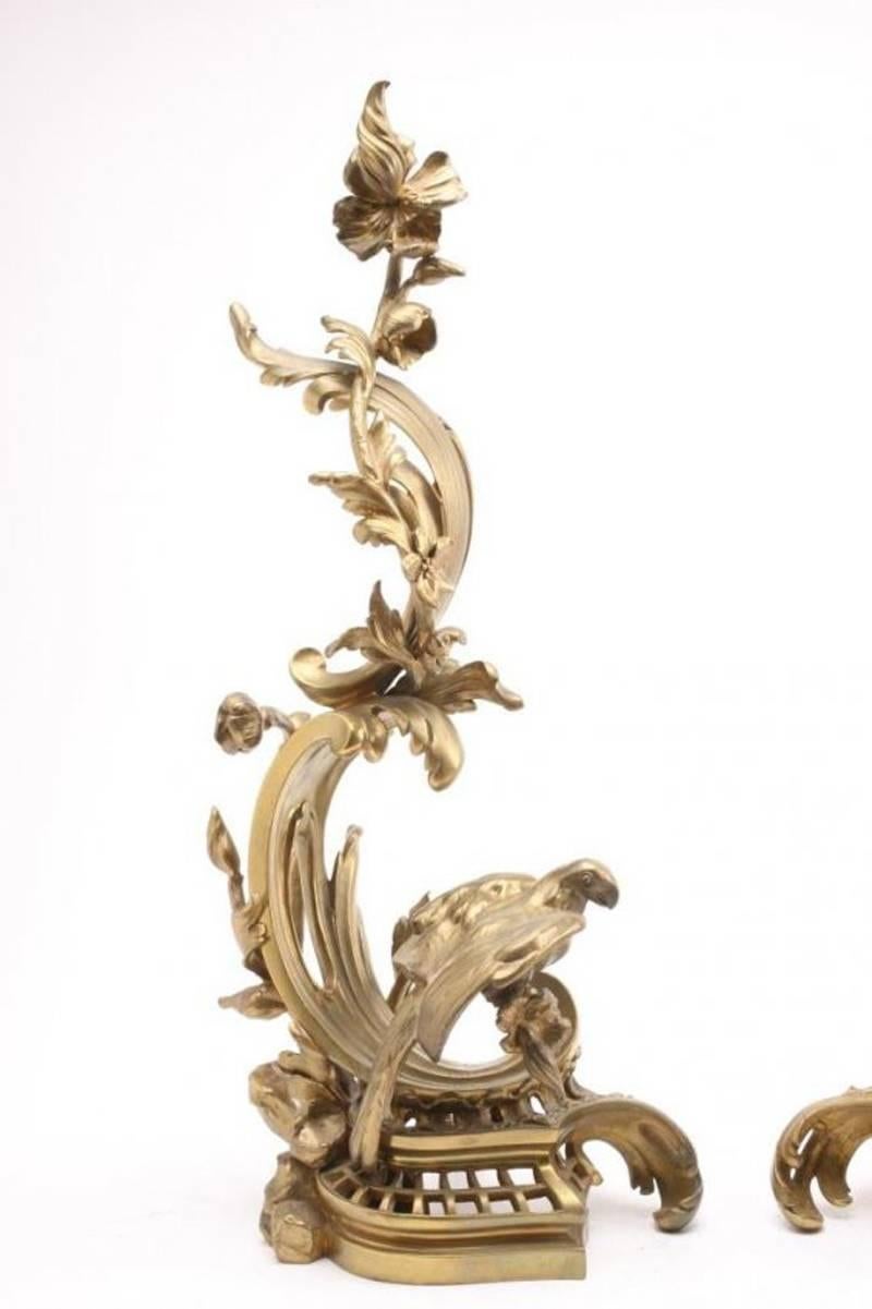 Louis XV Unique Pair of French Gilt Bronze Andirons, 19th Century