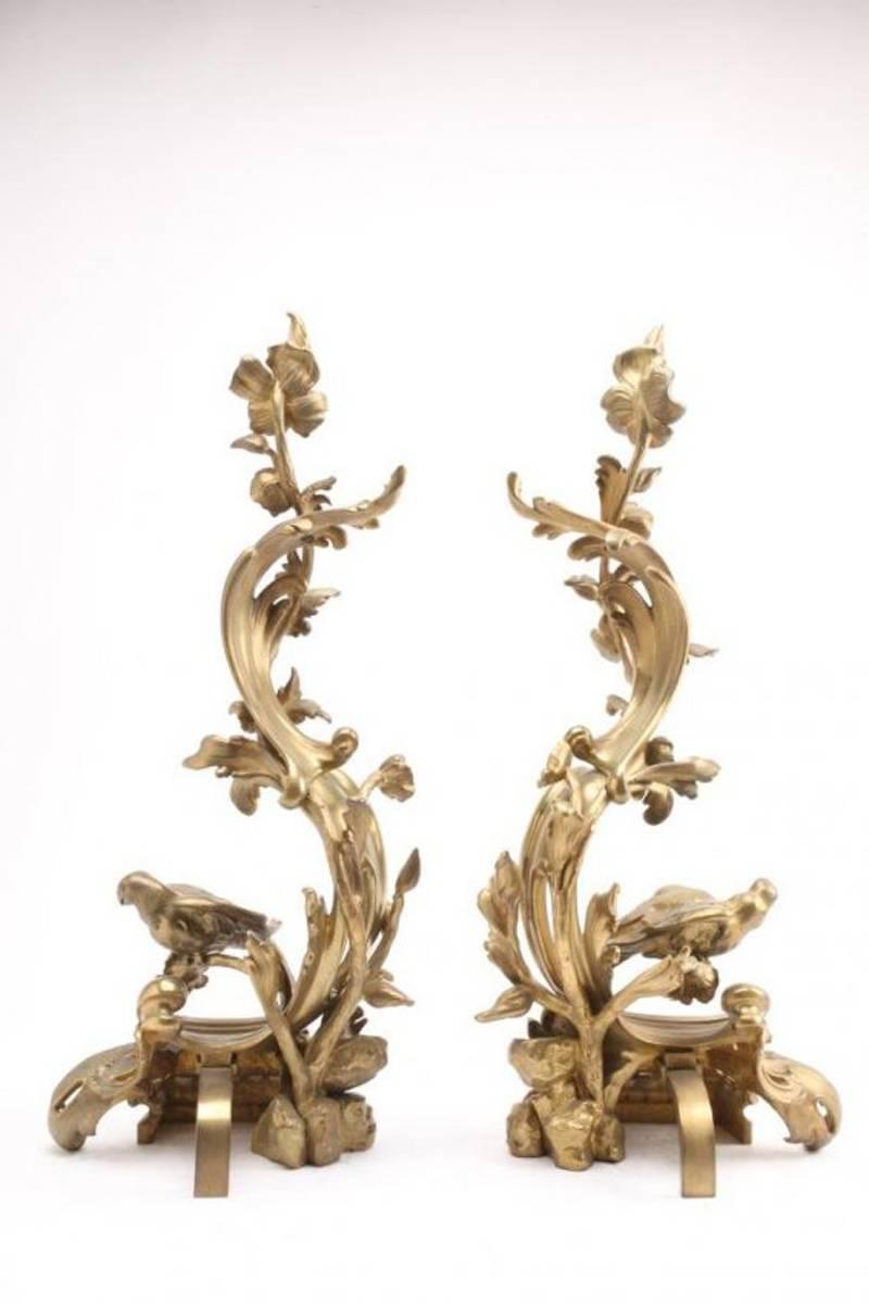 Unique Pair of French Gilt Bronze Andirons, 19th Century 1