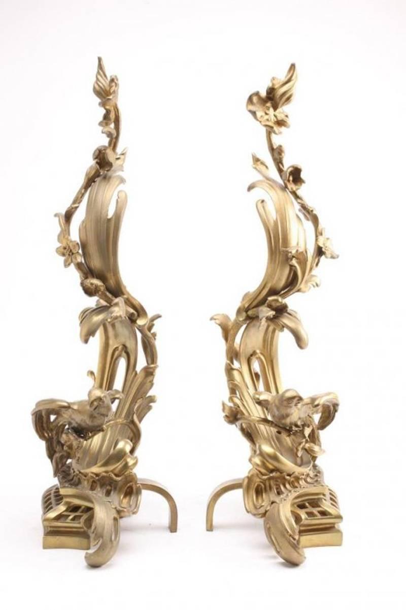 Unique Pair of French Gilt Bronze Andirons, 19th Century 2