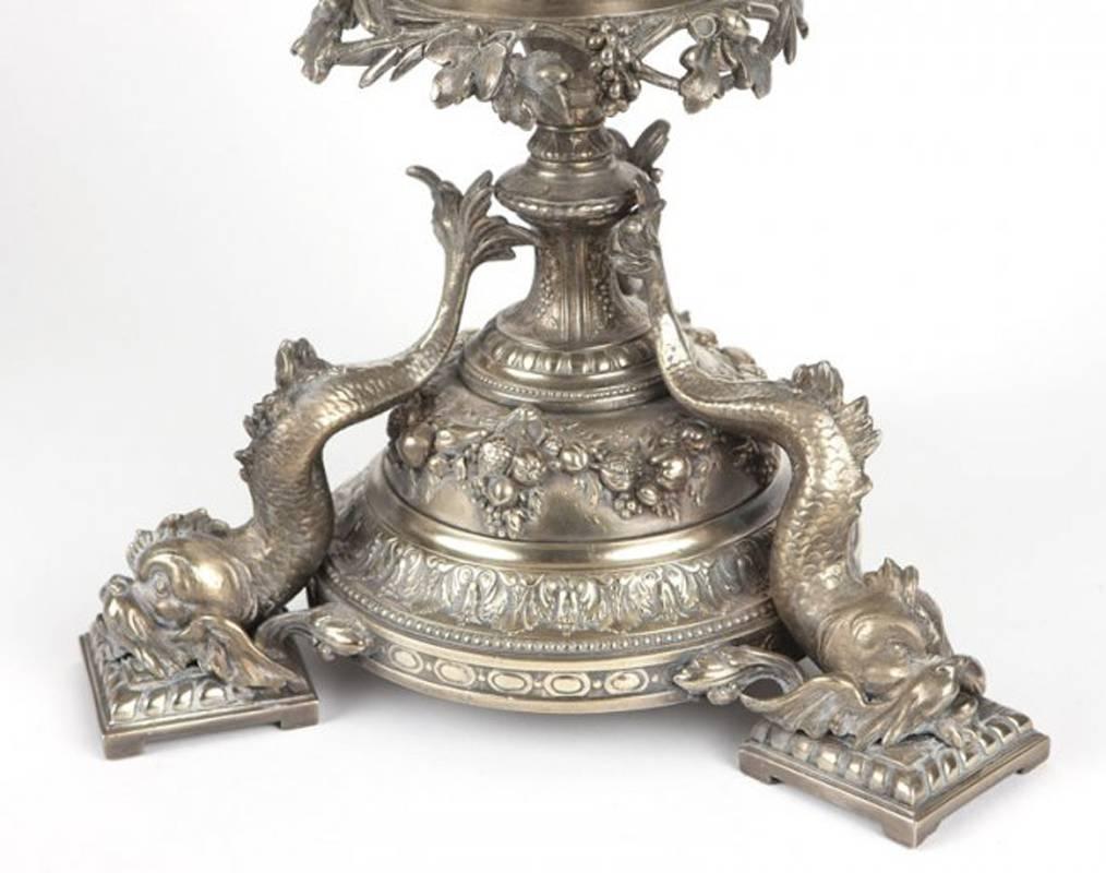 French 19th Century Silvered Bronze and Opaline Centerpiece