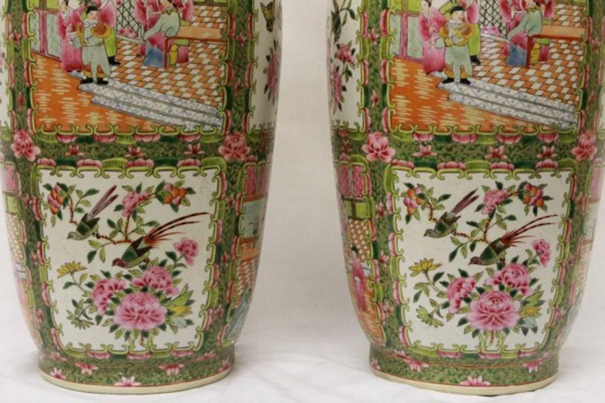 Carved Pair of Chinese Rose Canton Porcelain Vases, circa 1900