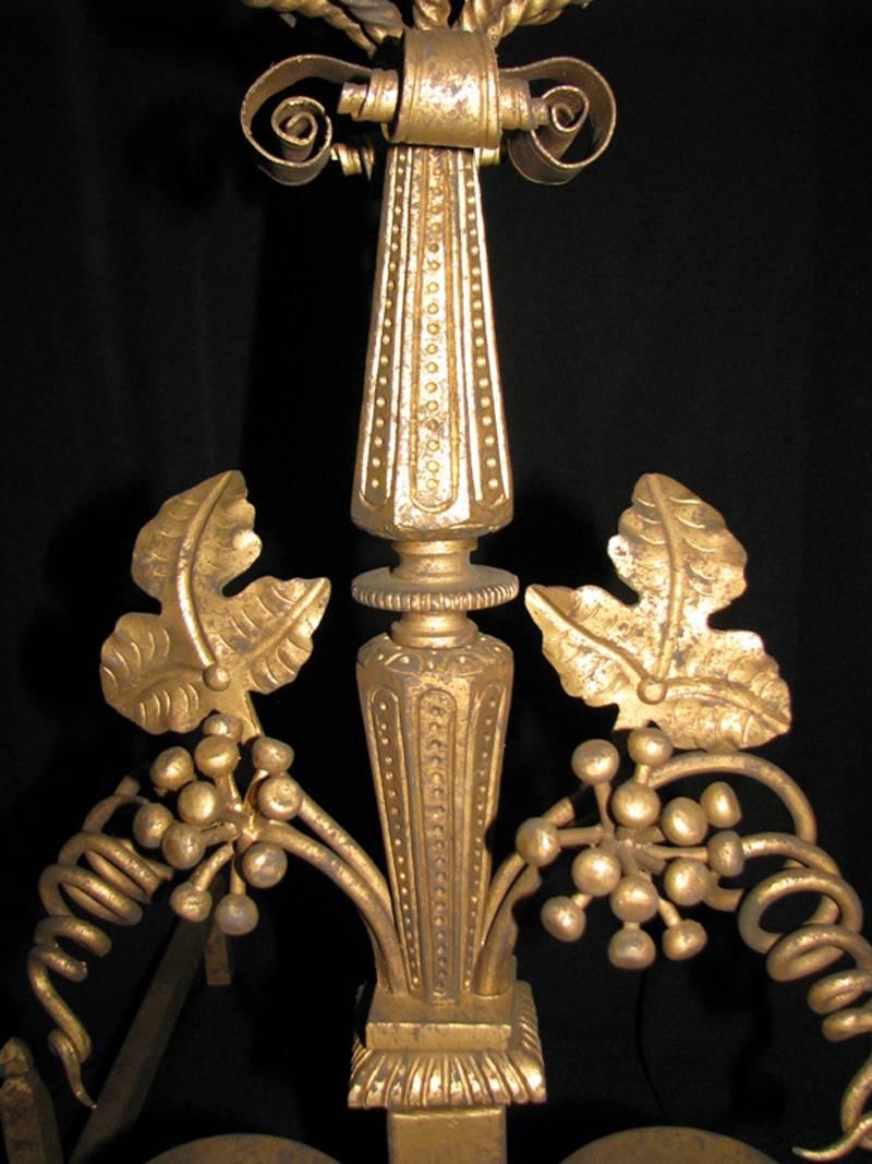 Unknown Pair of Wrought Iron and Bronze Baroque Style Andirons For Sale