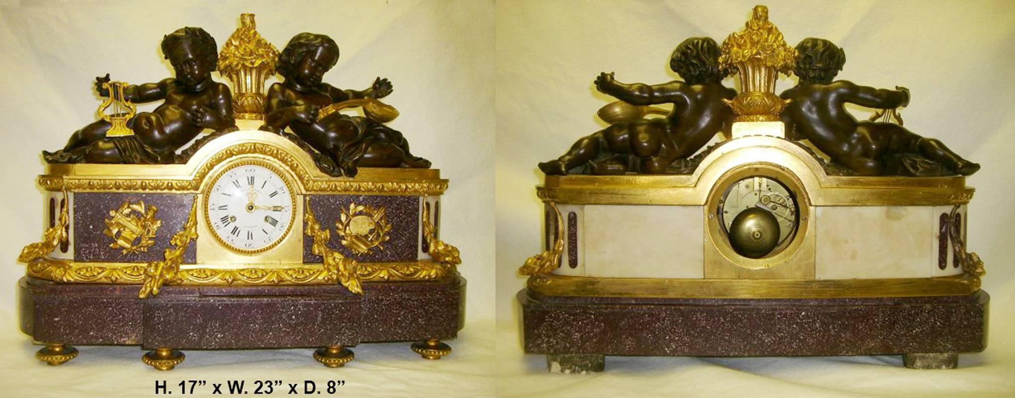 Bronze and Porphyry Clock by Julien Le Roy, 19th Century In Good Condition For Sale In Cypress, CA