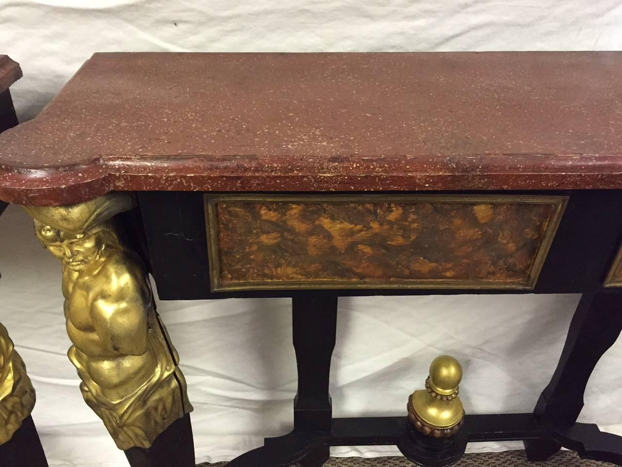 Ebonized French Bronze Mounted Faux Painted Consoles, 19th Century