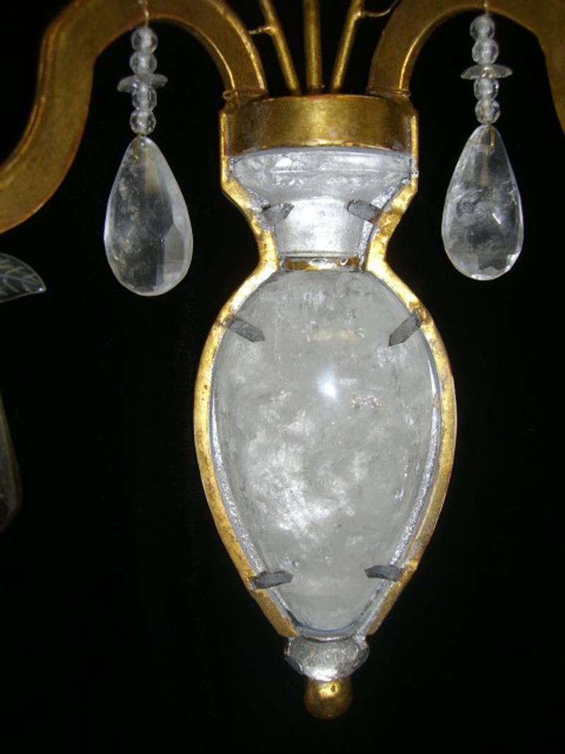 Wrought Iron Pair of Bagues Style Rock Crystal Two-Light Sconces For Sale