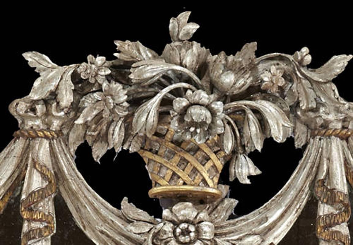 Baroque Italian Horizontal Silver Leafed Overmantel Mirror