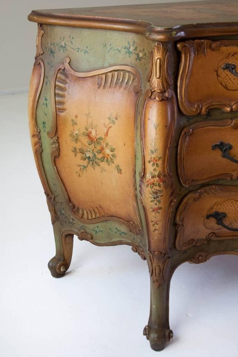 Carved Venetian Painted Rococo Style Bombe Commode