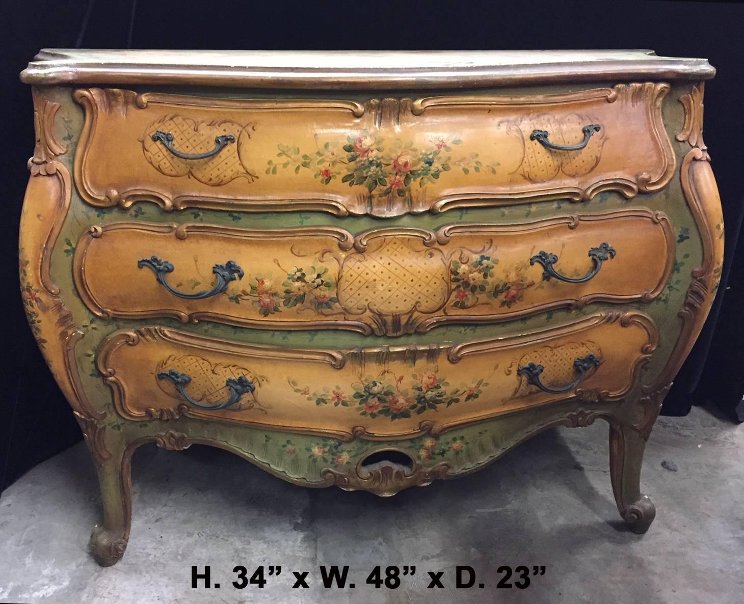 Lovely Italian Venetian painted Rococo style Bombe Commode. Over all hand painted with floral and foliage motif with three drawers,
early 20th century.
 