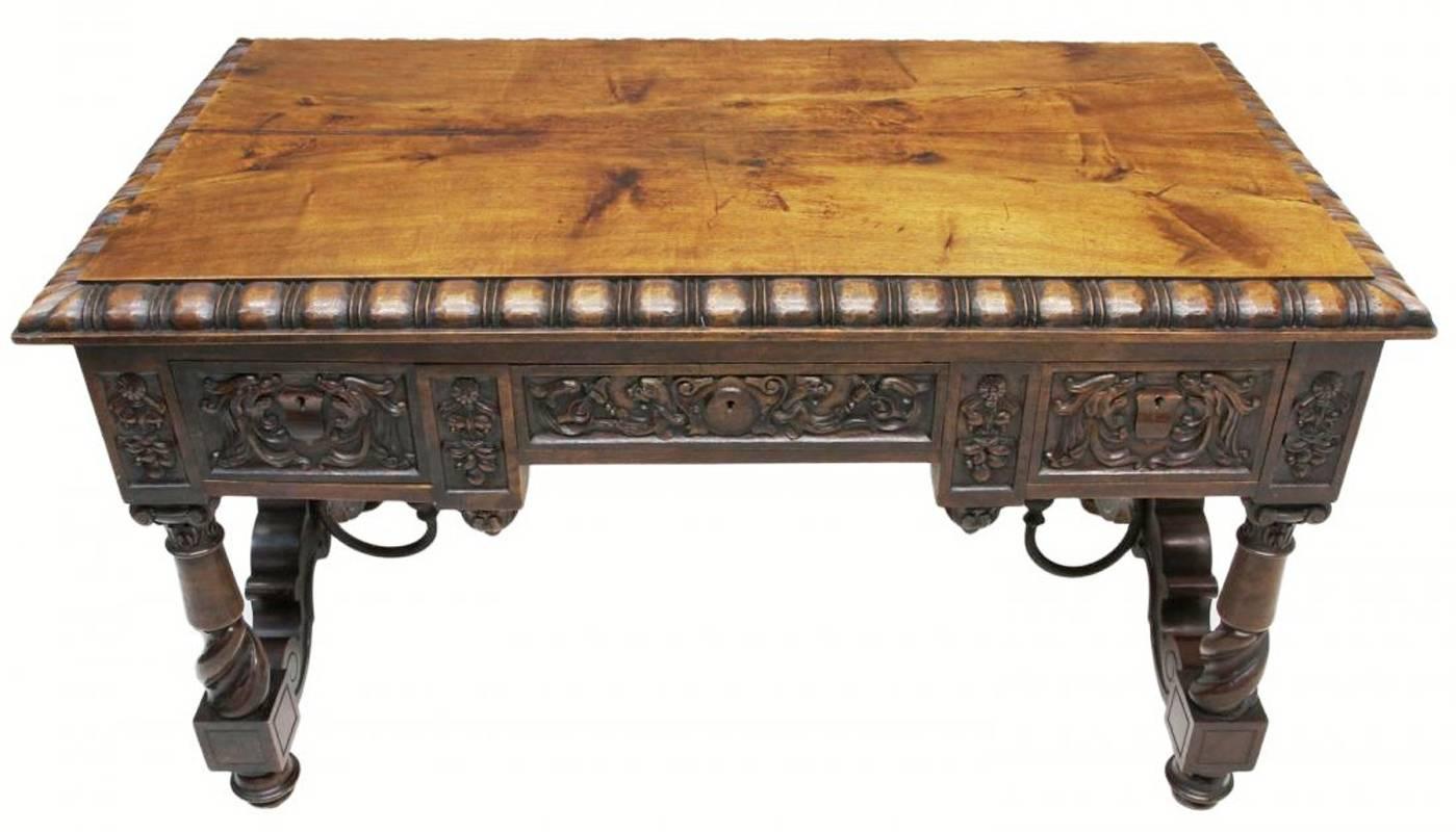 Forged Spanish Renaissance Style Carved Desk with Iron Stretcher, 19th Century