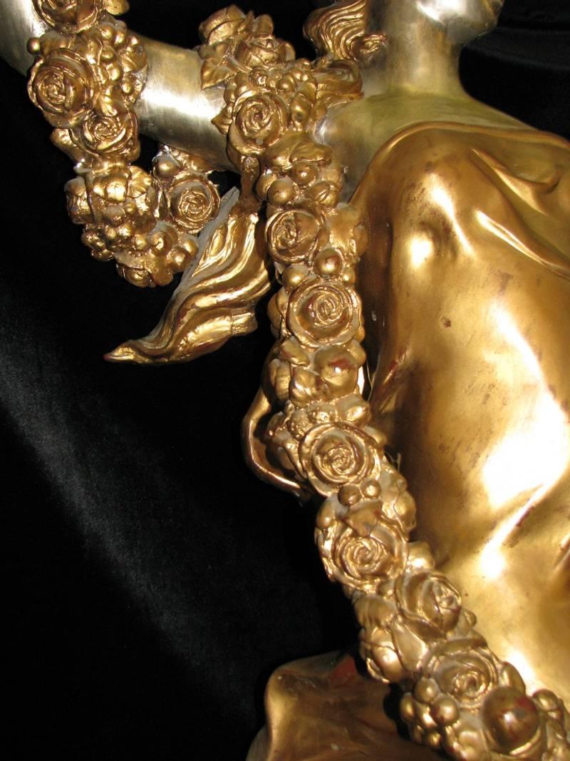 Gilt Monumental Pair of Patinated Bronze Torchiere Signed