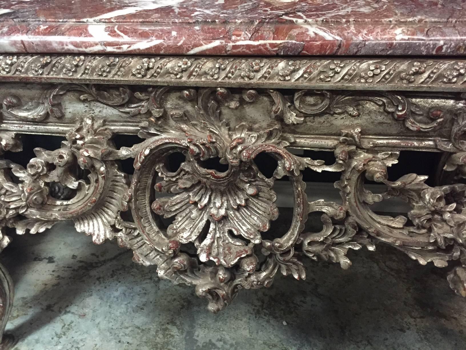 Large Italian Baroque Style Carved Silvered Wood Console For Sale 6