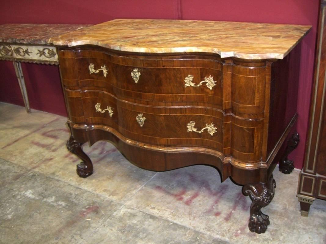 Carved Pair of German Baroque Commodes with Marble Tops, 18th Century & Later