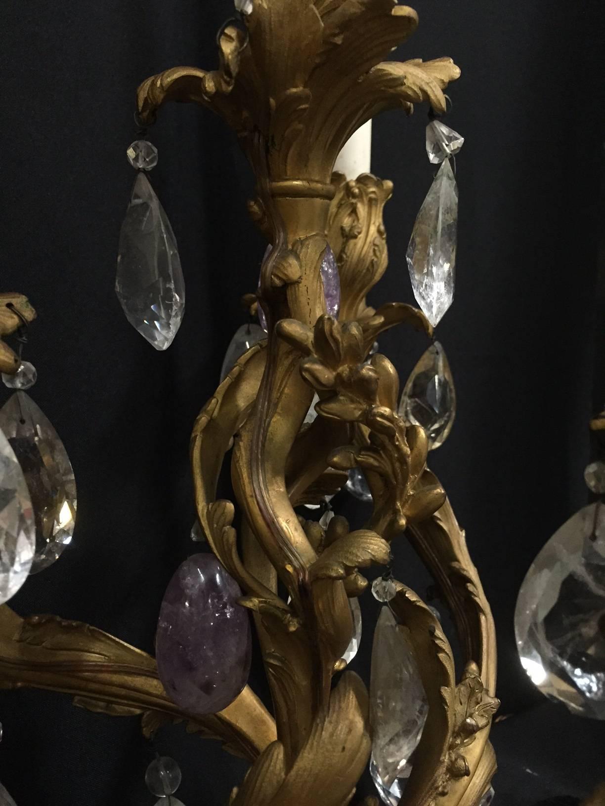 Pair of French Ormolu Candelabra with Rock Crystal and Amethyst Quartz In Good Condition In Cypress, CA