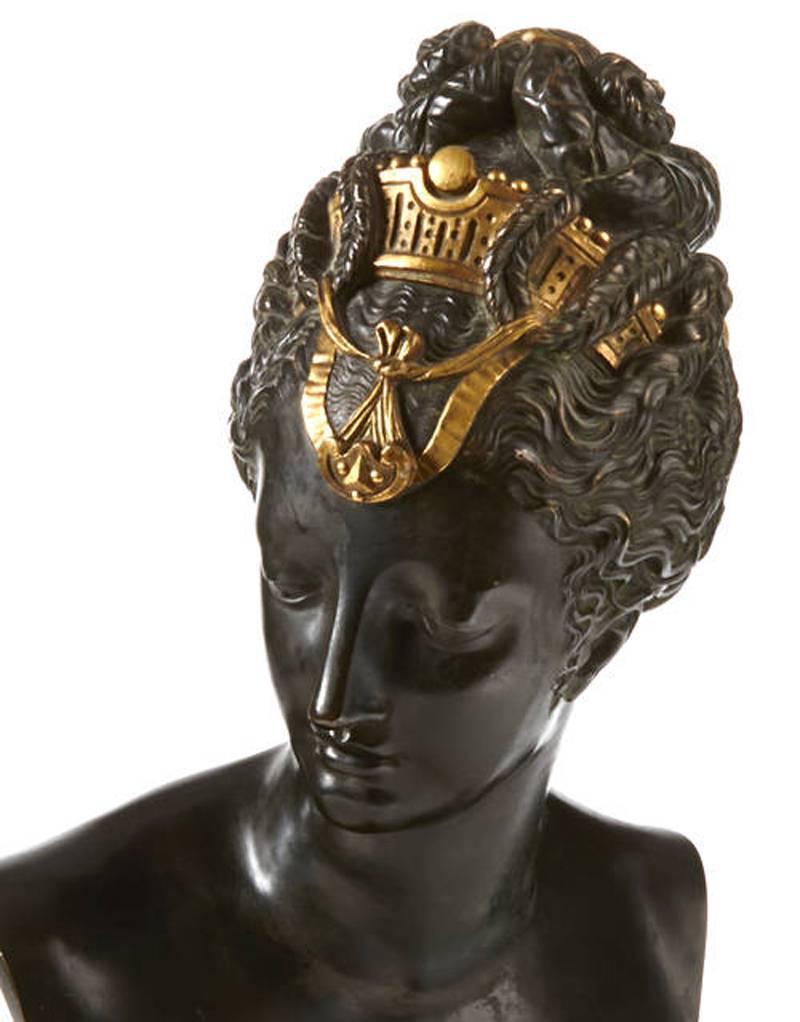 Spectacular quality 19th century French patinated and gilt bronze bust of a young woman.
The work was almost certainly cast for the decorative market during the last quarter of the 19th century. Of remarkable quality, the surface is impeccable and