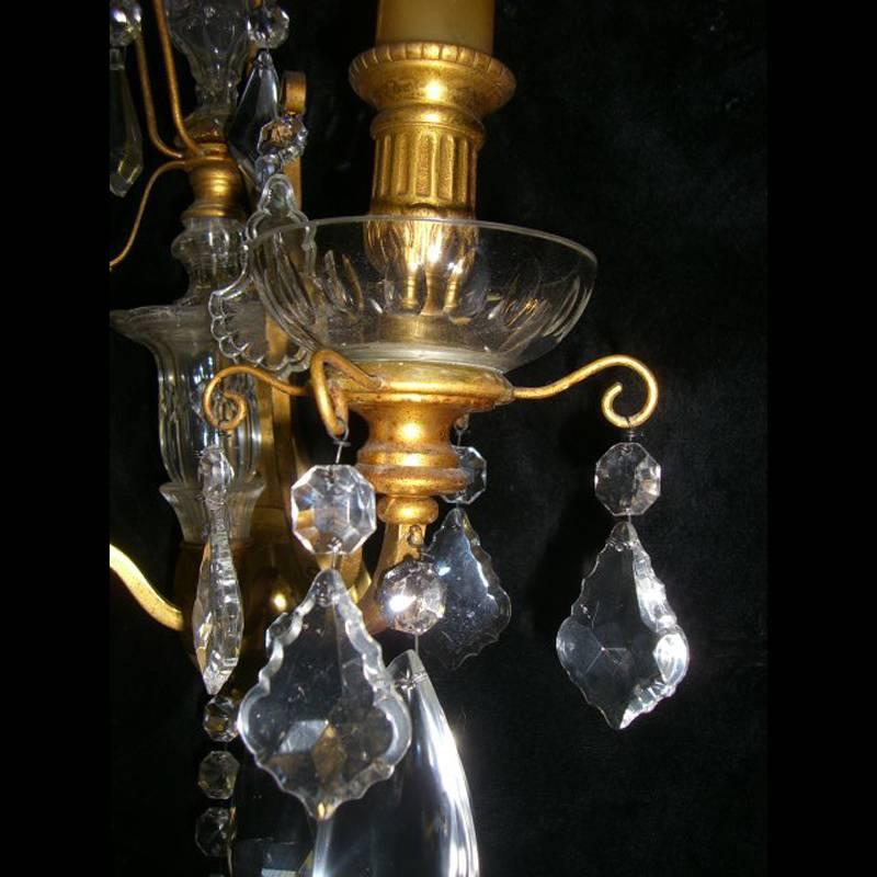 Carved French Pair of Cut Crystal Ormolu-Mounted Sconces, 19th Century For Sale