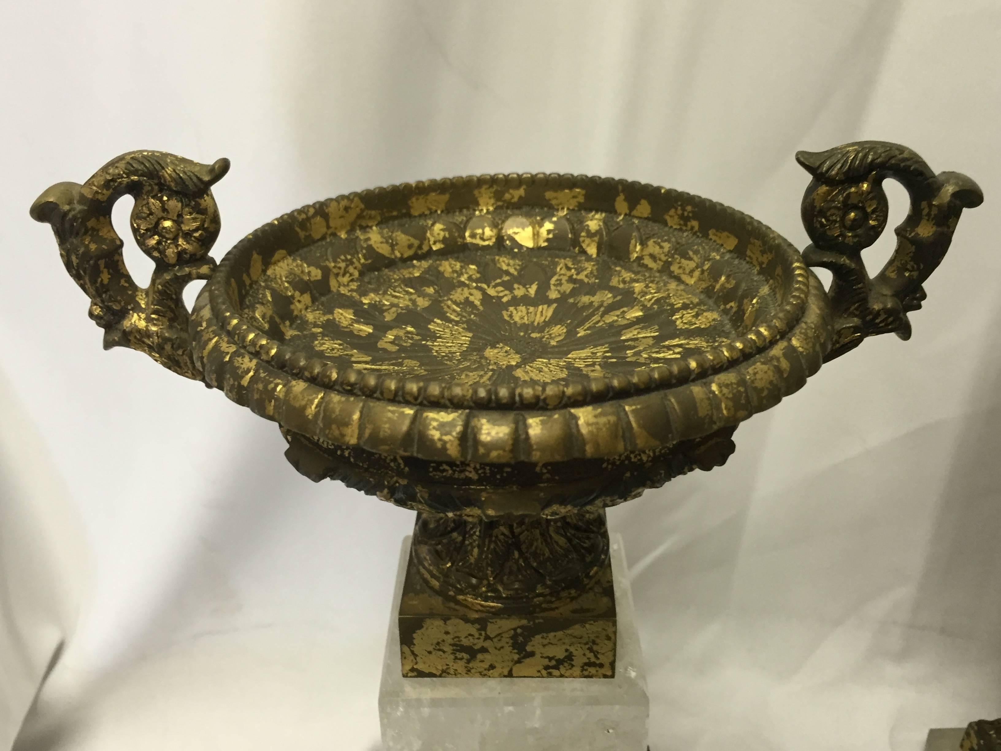 20th Century Italian Neoclassical Style Pair of Rock Crystal and Bronze Tazzas For Sale