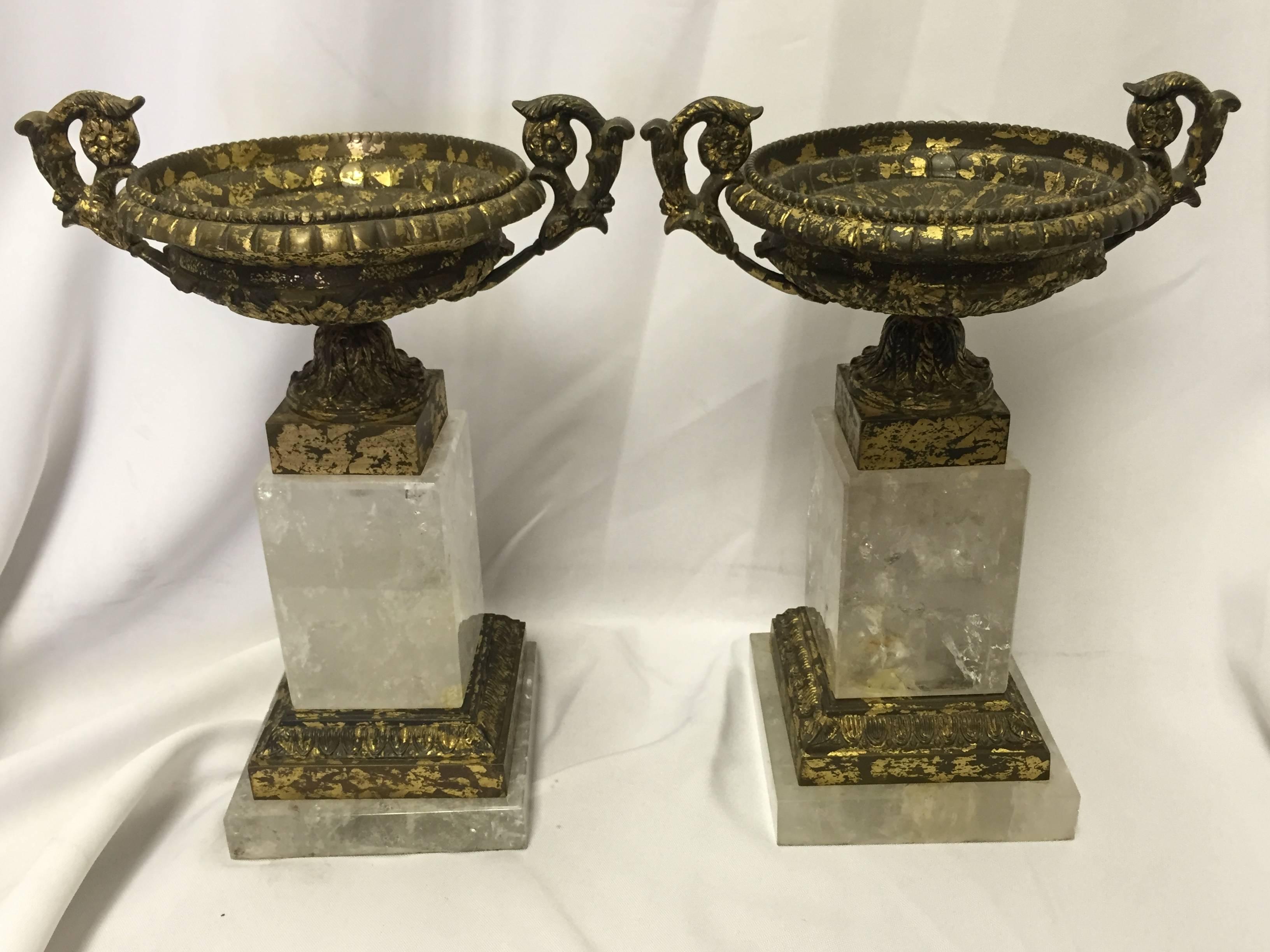Italian neoclassical style pair of hand-carved and hand polished rock crystal and gilt bronze tazzas, mid-20th century.

Base measurement is 4.25 inches x 4.25 inches.