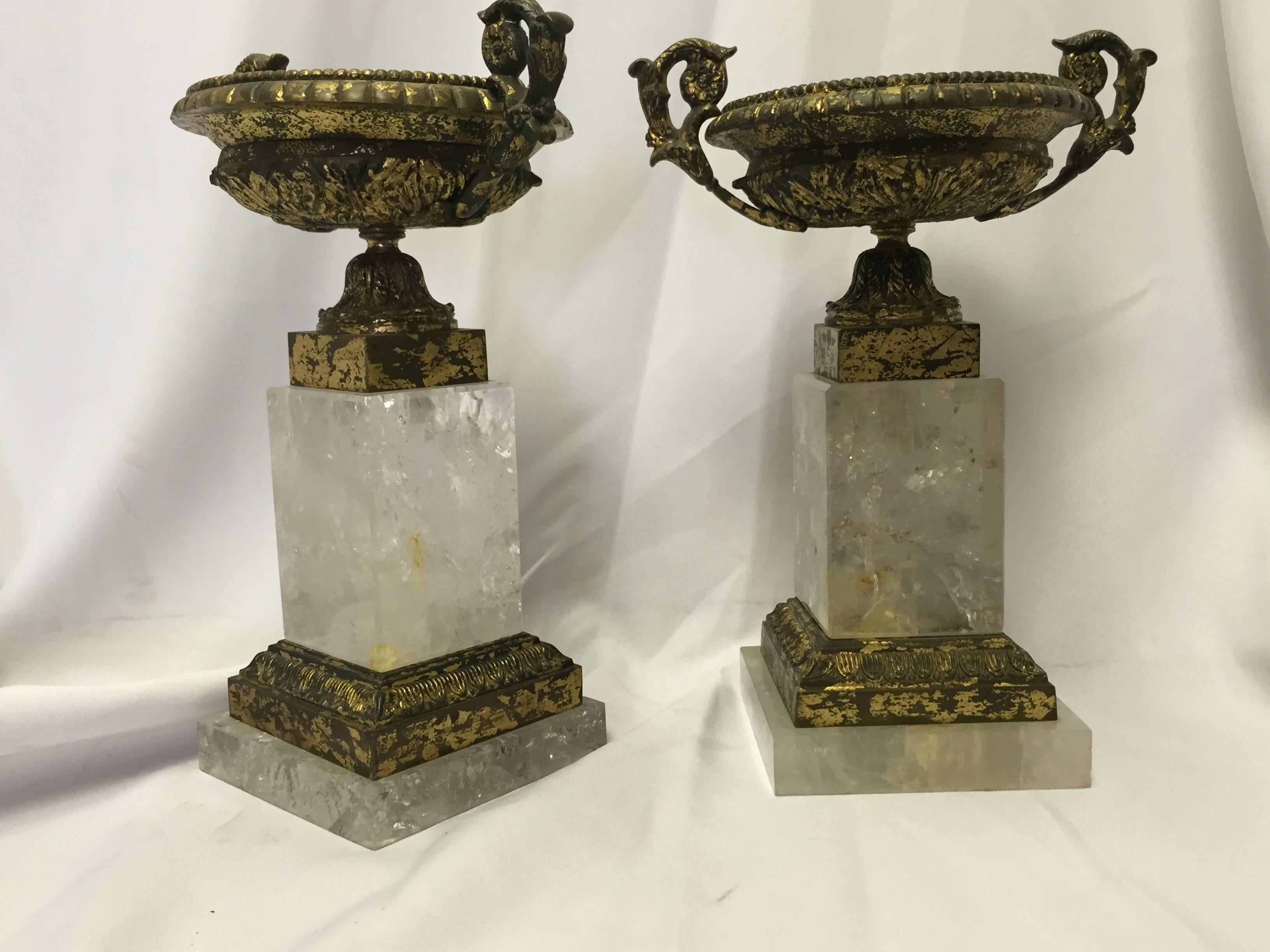 Hand-Carved Italian Neoclassical Style Pair of Rock Crystal and Bronze Tazzas For Sale