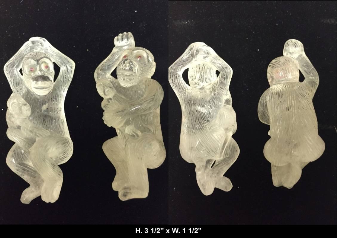 Hand-Carved and Hand-Polished Rock Crystal Monkey Set In Good Condition In Cypress, CA