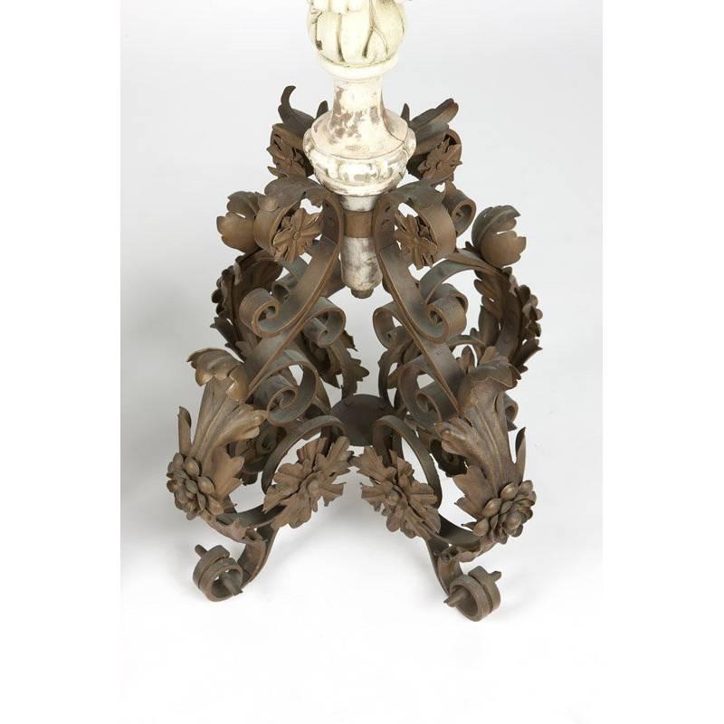 Baroque Pair of Italian Carved Wood and Wrought Iron Torchieres, 19th Century