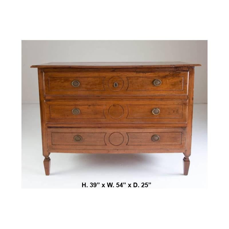 Beautiful 18th century Louis XVI provincial walnut commode with three long drawers.