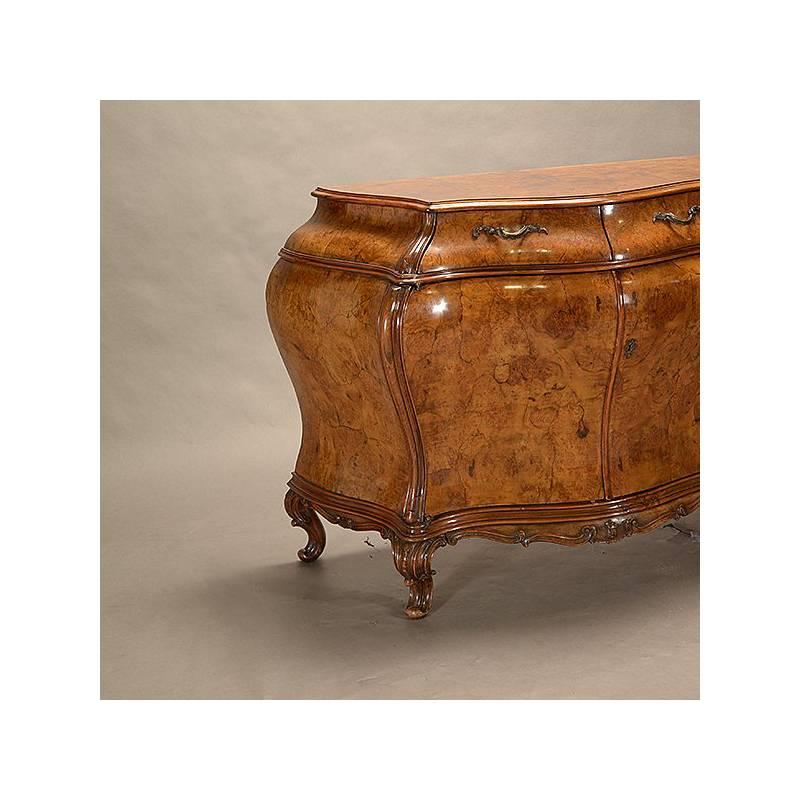 Fabulous venetian Rococo style burl walnut veneered bombe commode cabinet with burl walnut top, circa 1900.

  