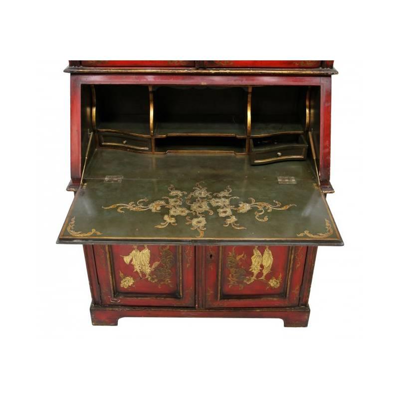 Queen Anne Style Red Japanned Chinoiserie Secretary Cabinet In Good Condition In Cypress, CA