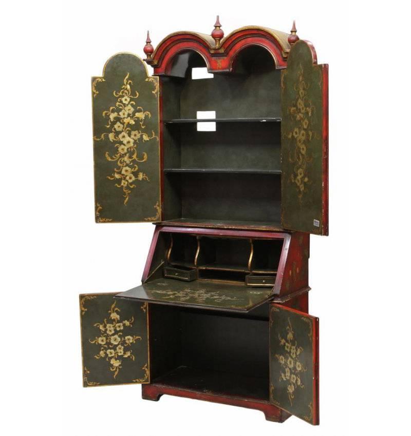 English Queen Anne Style Red Japanned Chinoiserie Secretary Cabinet