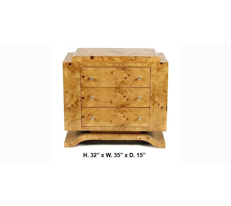 Beautiful Italian modern style birchwood three drawer chest with chromed metal knobs. The simplicity of this commode is very attractive.

