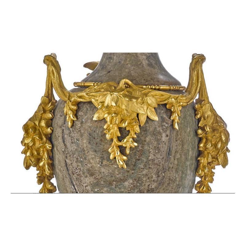 Pair of French Ormolu and Marble Urns Signed Sanglan, 19th Century In Good Condition For Sale In Cypress, CA