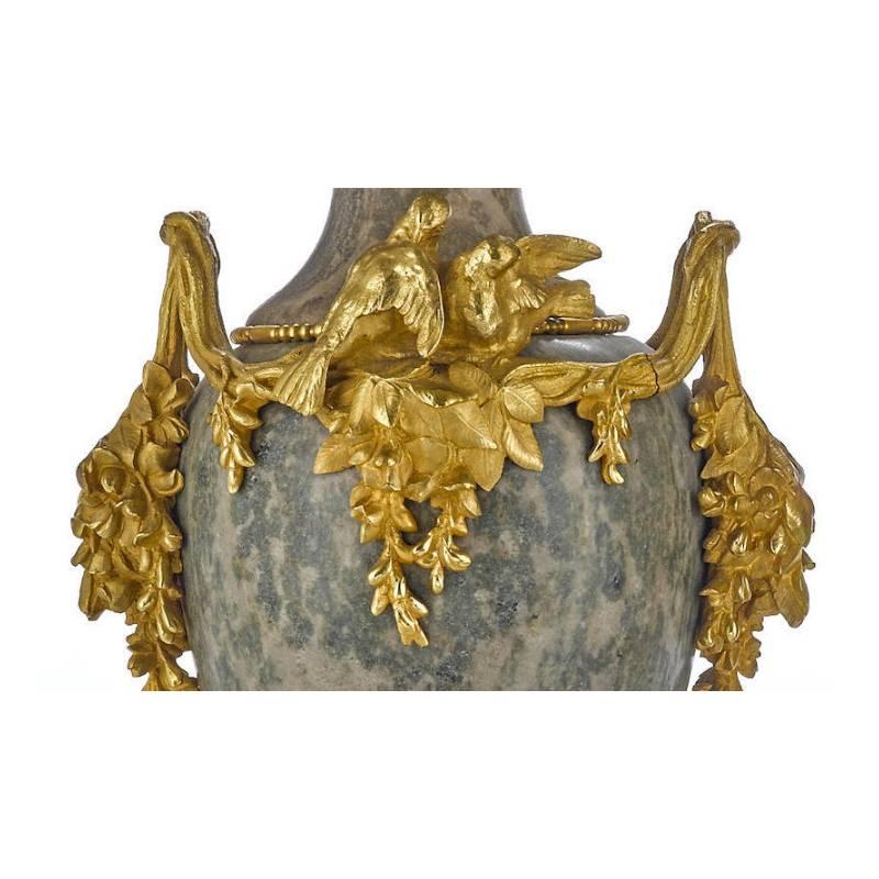 Carved Pair of French Ormolu and Marble Urns Signed Sanglan, 19th Century For Sale