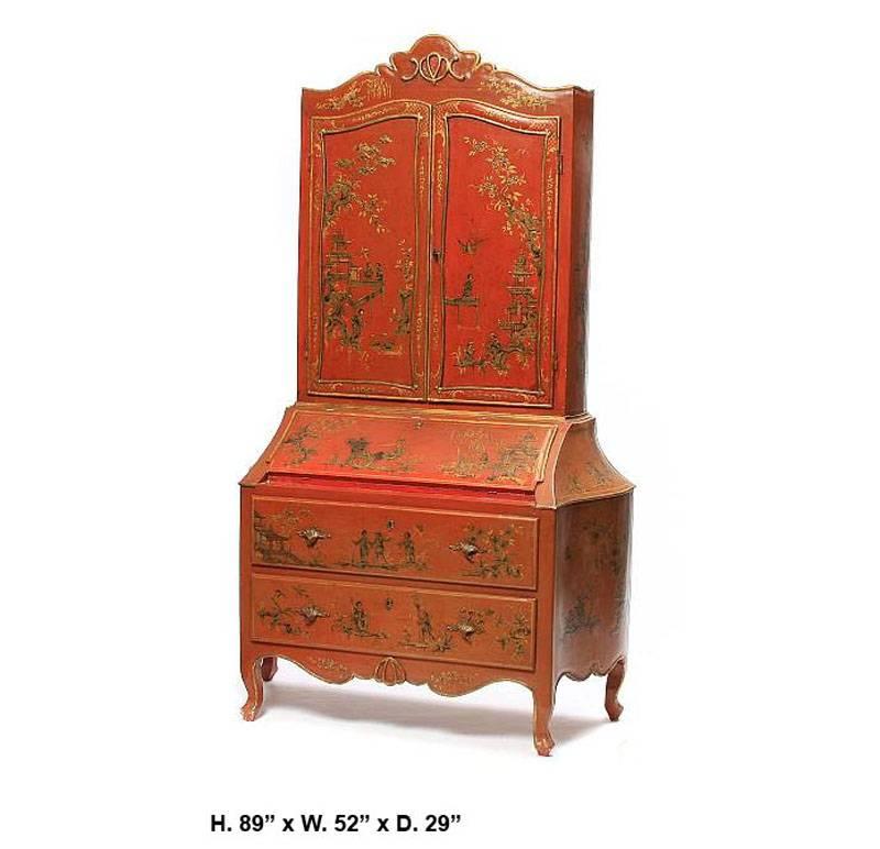 Elegant 19th century Italian chinoiserie Rococo style gilt and red decorated with gesso secretary cabinet. The gilt decorated curvy top over two doors revealing a beautiful Chinese motif beige hand-painted interior coupled with an elegant white