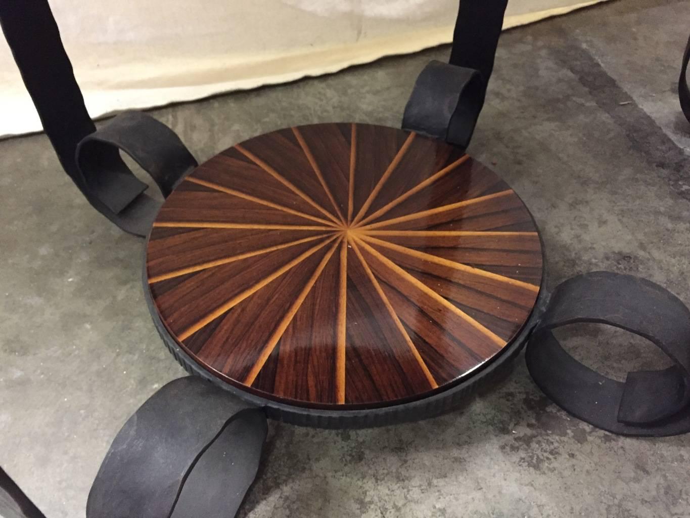 Wrought Iron Pair of Italian Art Deco Calamander Wood Round Tables