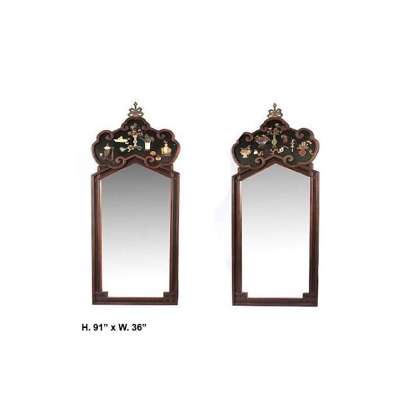 19th Century Pair of Chinese Jade-Cinnabar and Gemstone Inlaid Mirrors