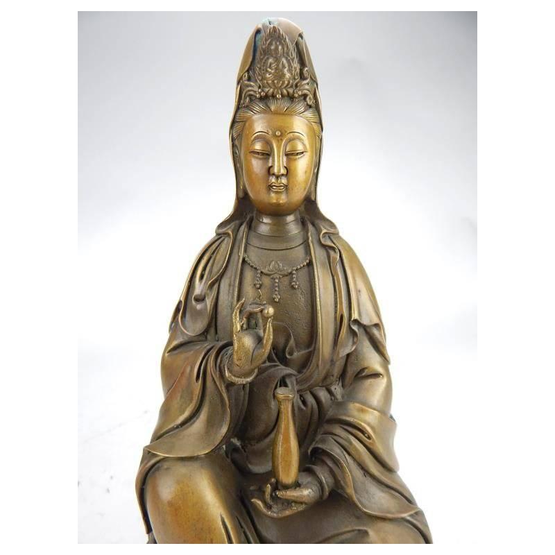 Patinated Antique Chinese Bronze Quan Yin, Signed