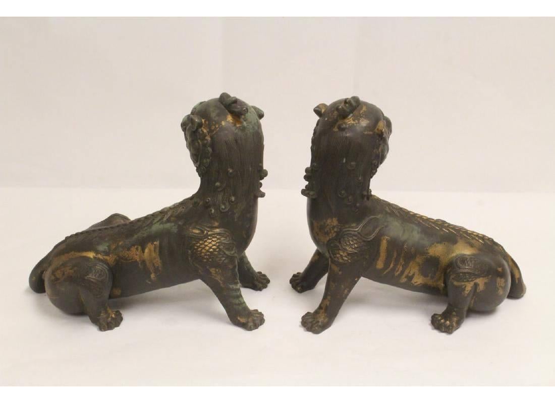 Pair of Antique Chinese Patinated Bronze Fu Lions In Good Condition In Cypress, CA