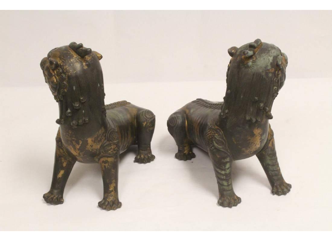 Pair of Antique Chinese Patinated Bronze Fu Lions 1