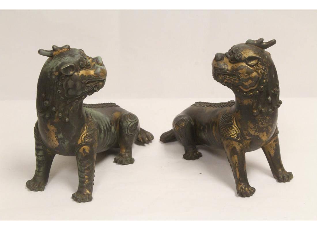 Pair of Antique Chinese Patinated Bronze Fu Lions 2