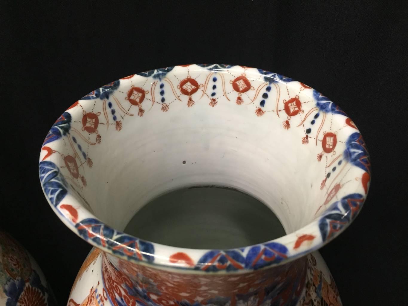 19th Century Pair of Antique Japanese Imari Hand-Painted Vases