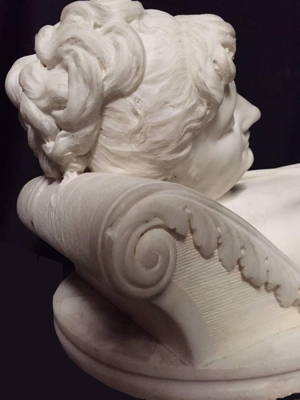 French Italian Carved Marble Bust of Woman, 19th Century