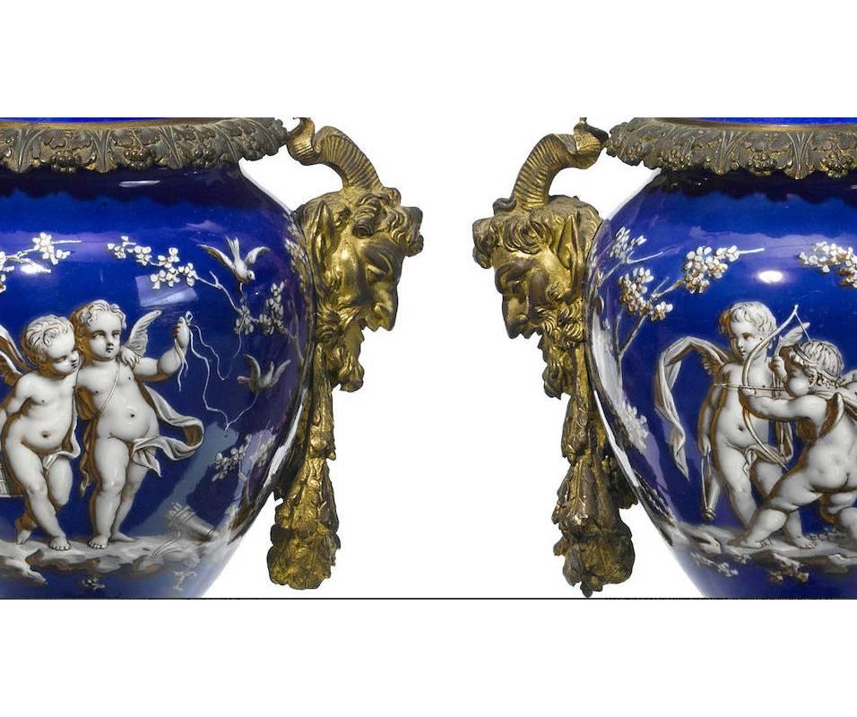 Louis XV Pair of French Ormolu and Porcelain Covered Urn Lamps, 19th Century For Sale