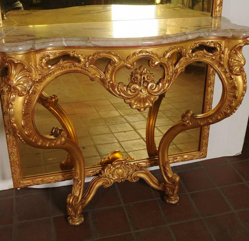 Hand-Painted Pair of French Giltwood Consoles and Trumeau Mirrors