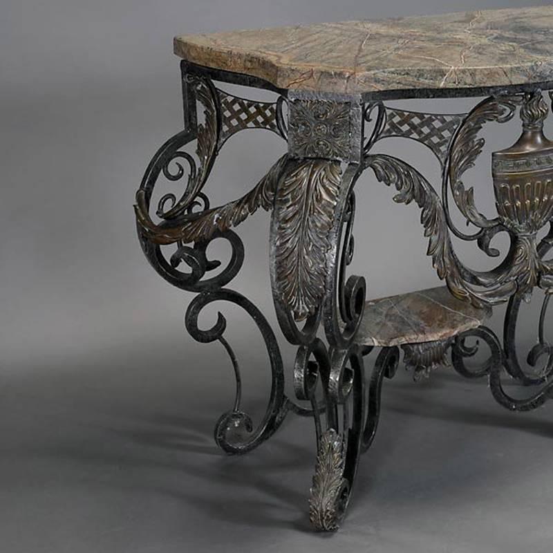 Forged Pair Baroque Style Bronze and Iron Consoles with Marble Tops