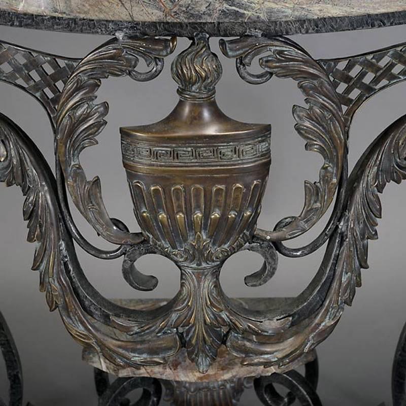 Pair Baroque Style Bronze and Iron Consoles with Marble Tops In Good Condition In Cypress, CA